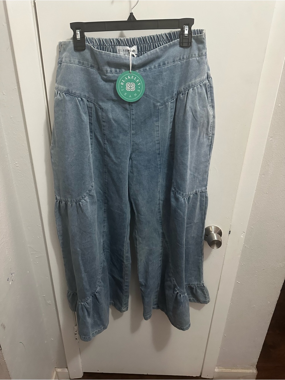 Light Blue Tiered Denim Maxi Skirt by MIAKELI
